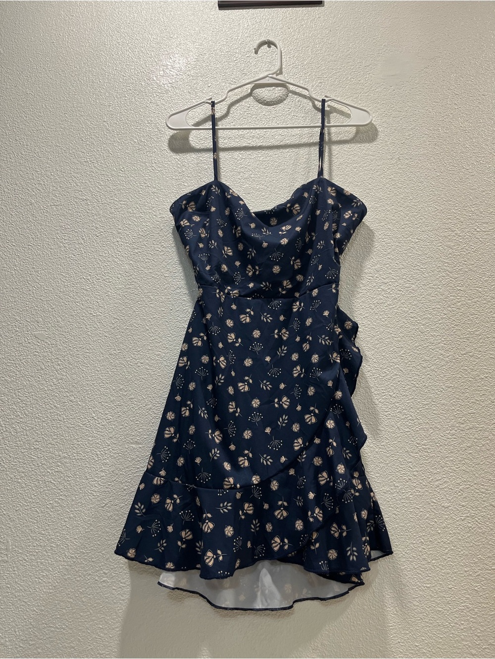 Navy Floral Spaghetti Strap Ruffle Mini Dress with tie wrap back